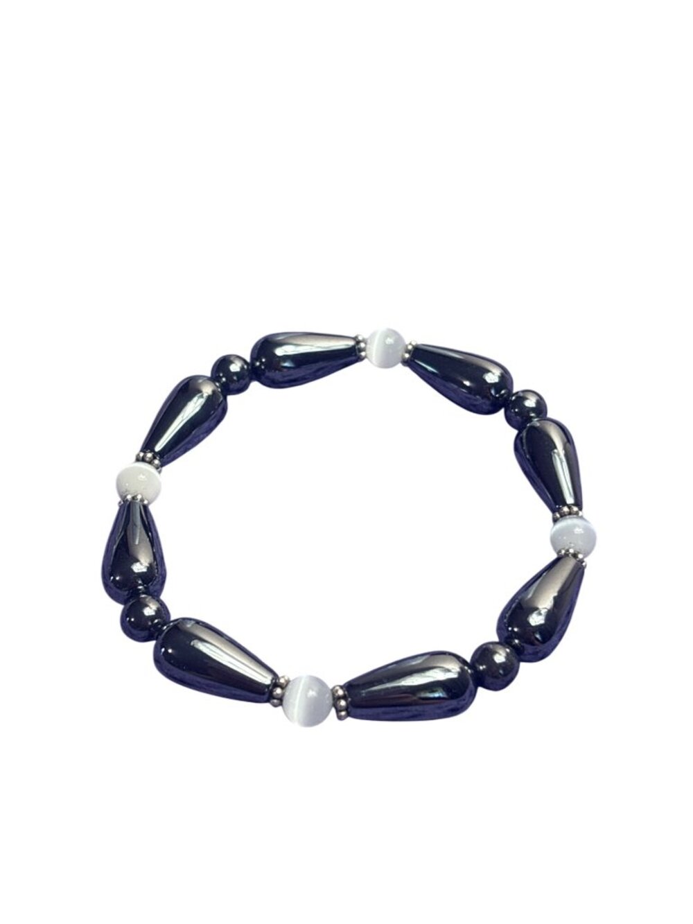 Hematite and White Cat's Eye Beaded Stretchy Bracelet 6.5 inches Unstretched